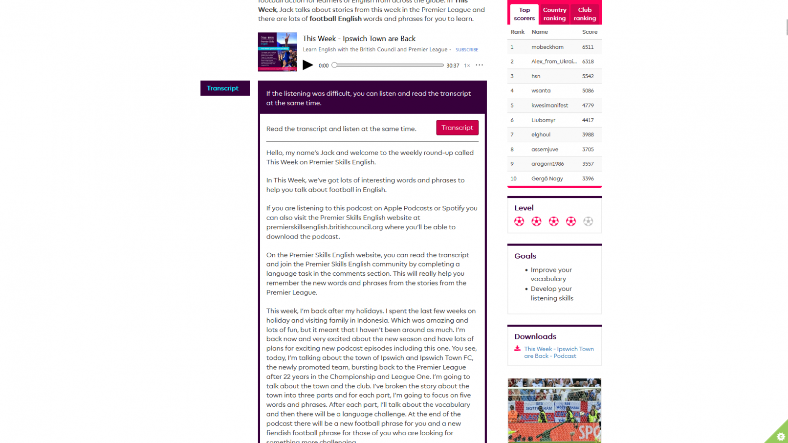 A screenshot of the Premier Skills English website